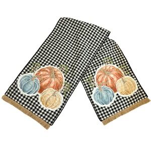 Domain Farmhouse Buffalo Plaid Pumpkin Table Runner Fall Harvest Fringe 16x73